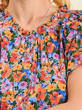 Umgee Multi Floral Ruffle-Neck Blouse